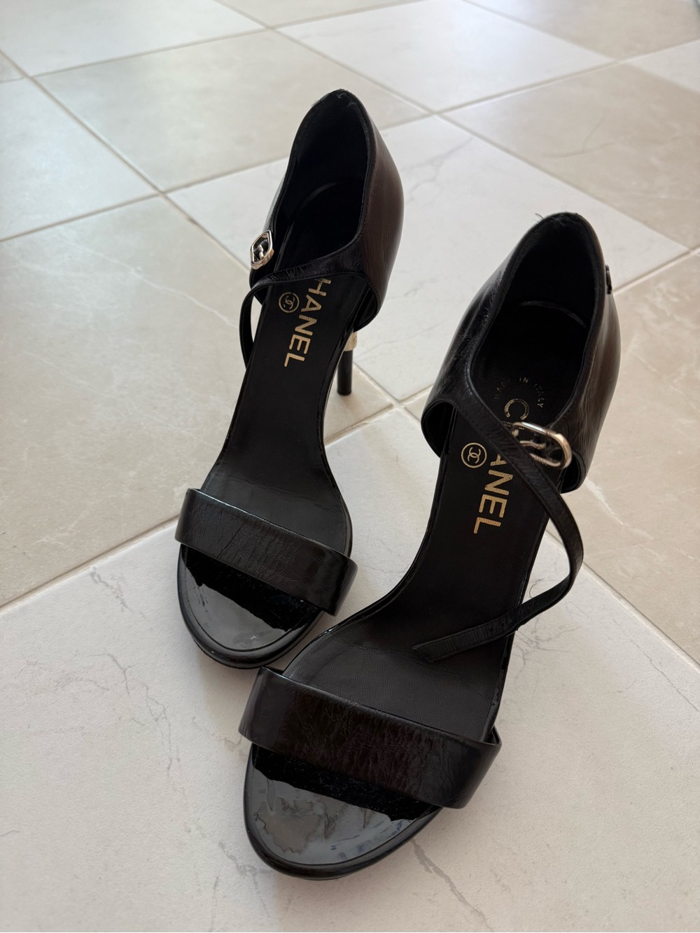 Authentic Chanel Black Leather Strappy High Heel Sandals
